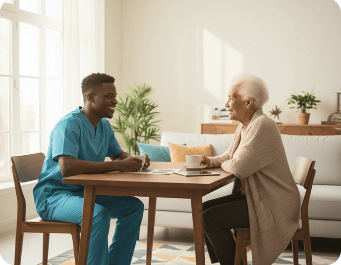 Young man in teal medical scrubs and elderly woman having friendly consultation over coffee