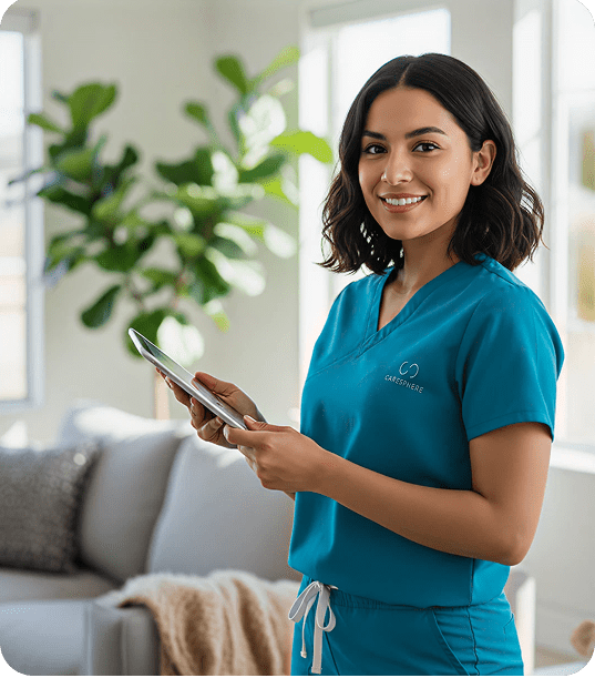 Young man in teal medical scrubs and elderly woman having friendly consultation over coffee