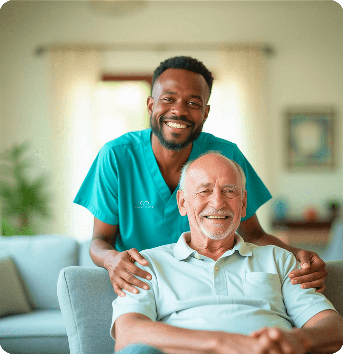 A young man and an elderly man smile